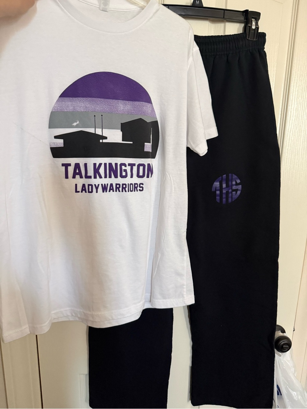 Jerzees White Tee and Black Track Pants with Purple Graphic